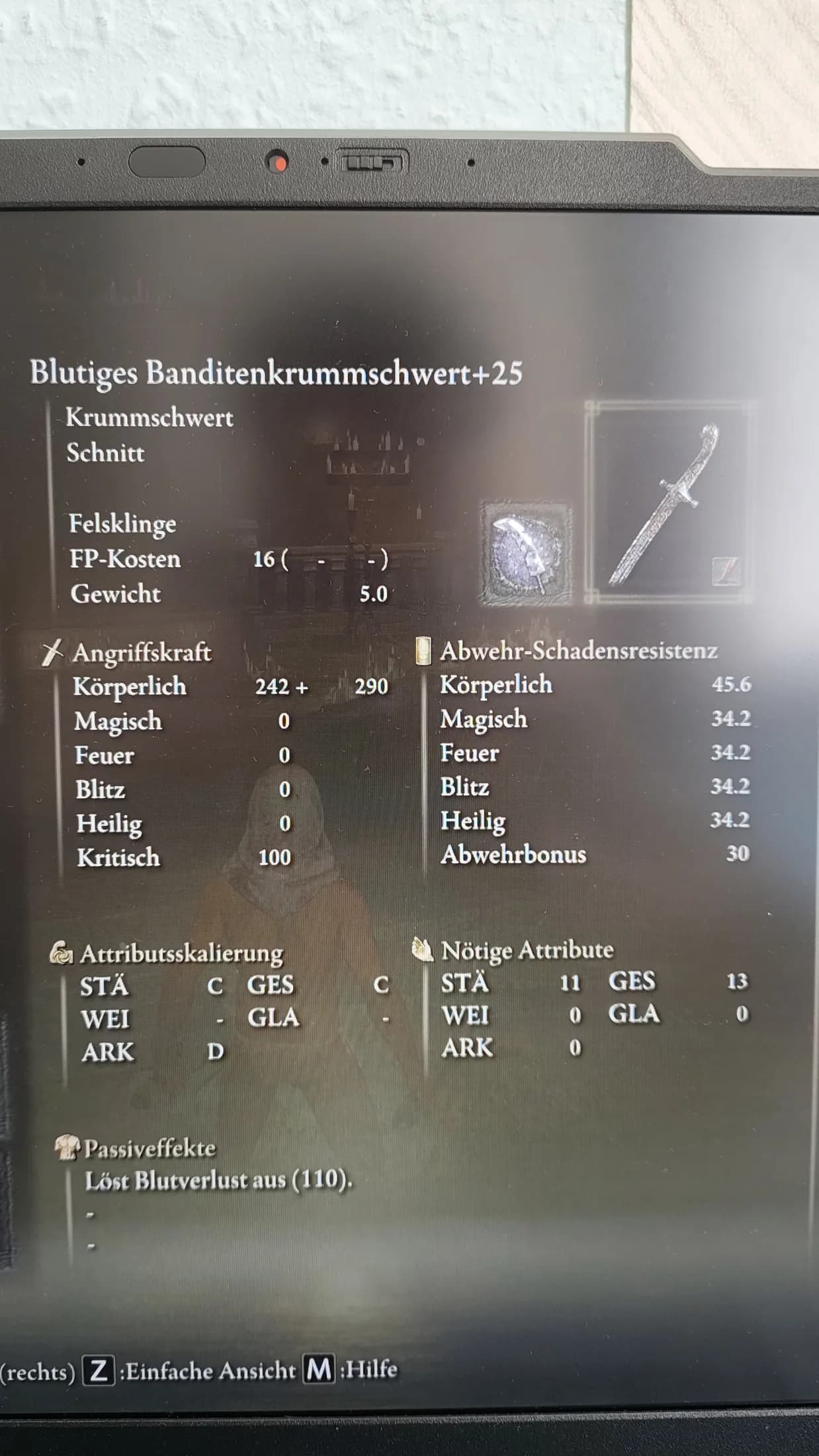 Waffenwerte für Blutiges Banditenkrummschwert +25